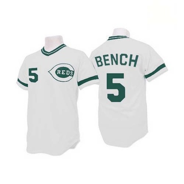 Replica Johnny Bench Men's Cincinnati Reds White (Green Patch) Throwback Jersey